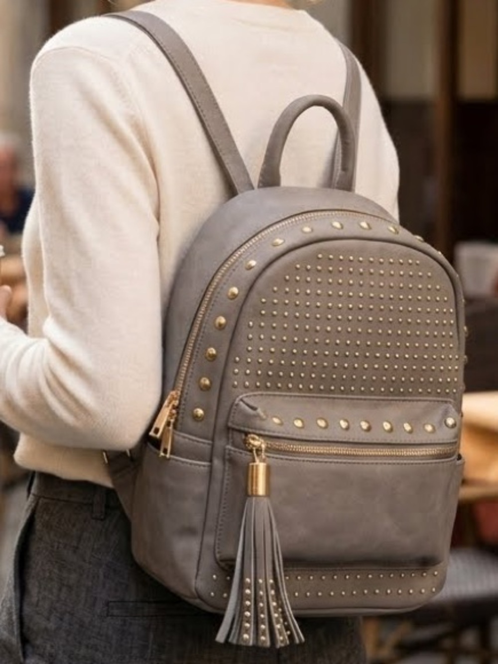 B Brentano Studded Mini Backpack Gray Vegan Leather Daypack Tassel Gold NWT OS